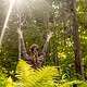 Woman in the forest with facing backwards with arms up in the sky - hope concept